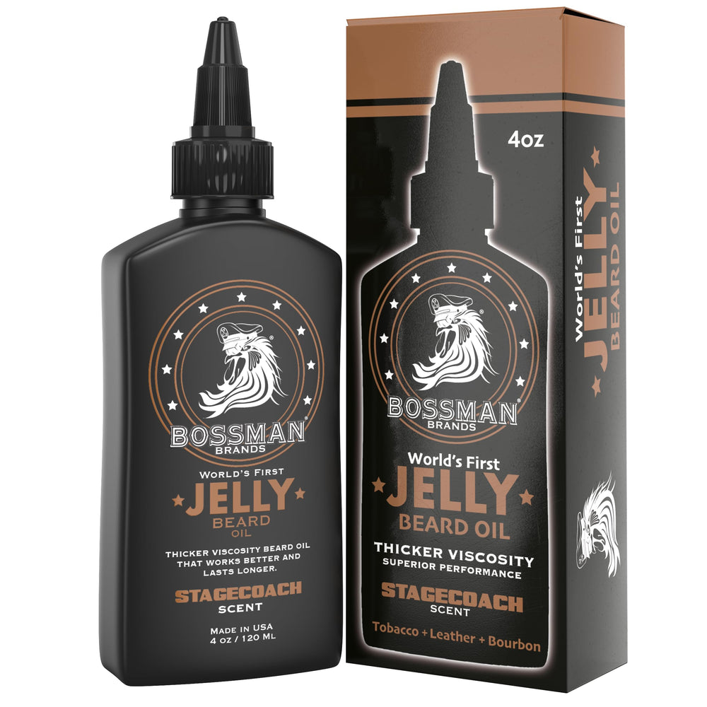 Bossman Jelly Beard Oil Stagecoach bottle shows rich moisture for a polished beard.