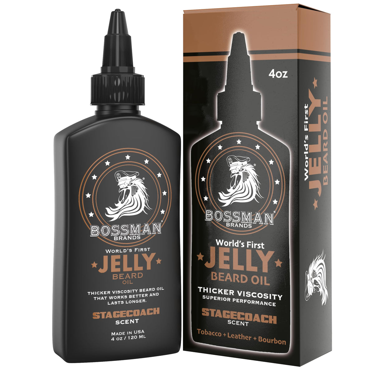 Bossman Jelly Beard Oil Stagecoach bottle shows rich moisture for a polished beard.