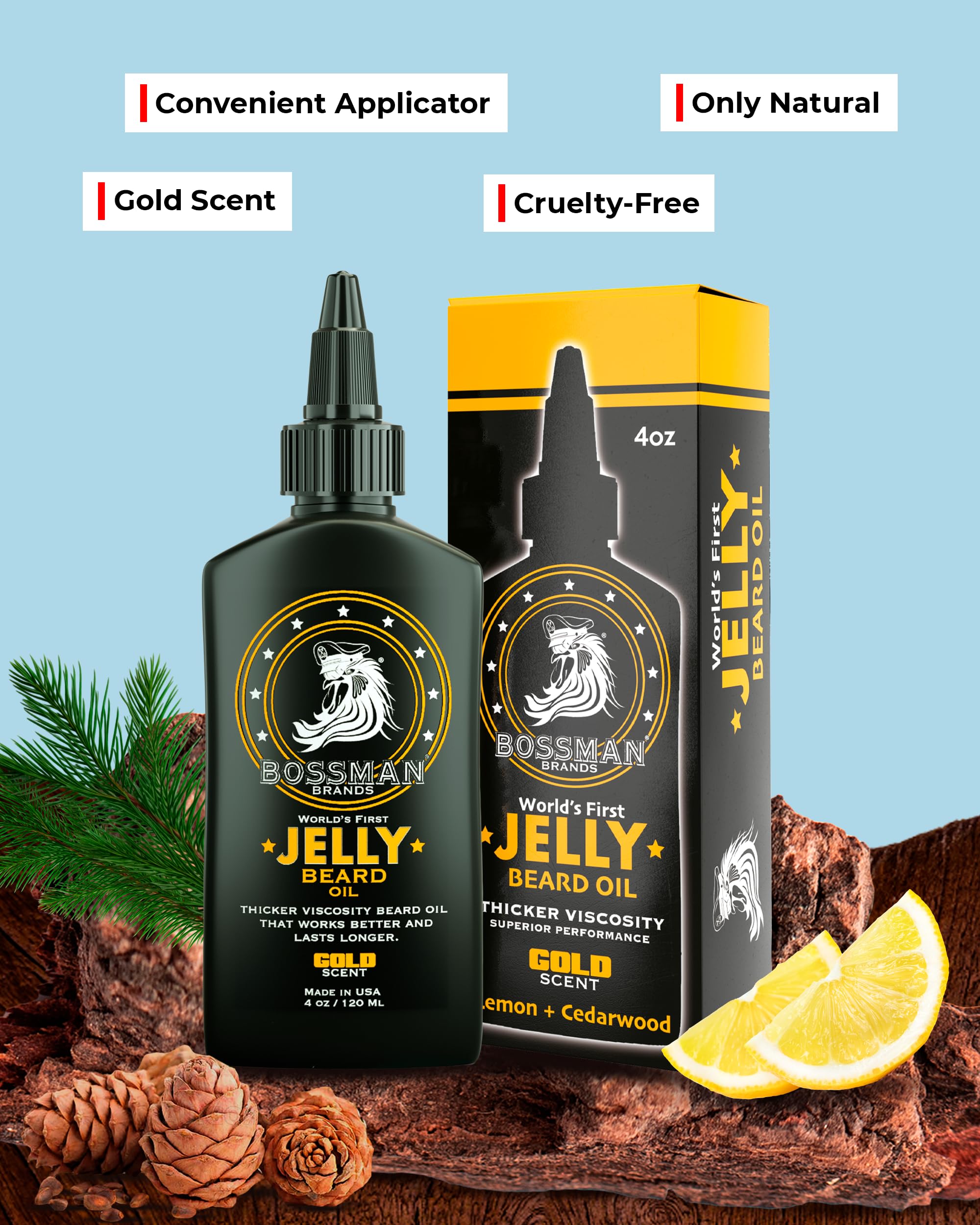 Close-up of Bossman Jelly texture showing thick, hydrating formula for fuller beard.