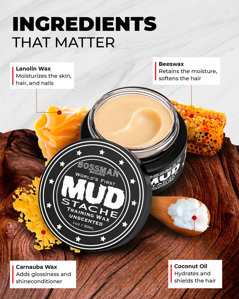 Bossman MUDstache 3-pack packaging front shows bold, ready-to-use wax.