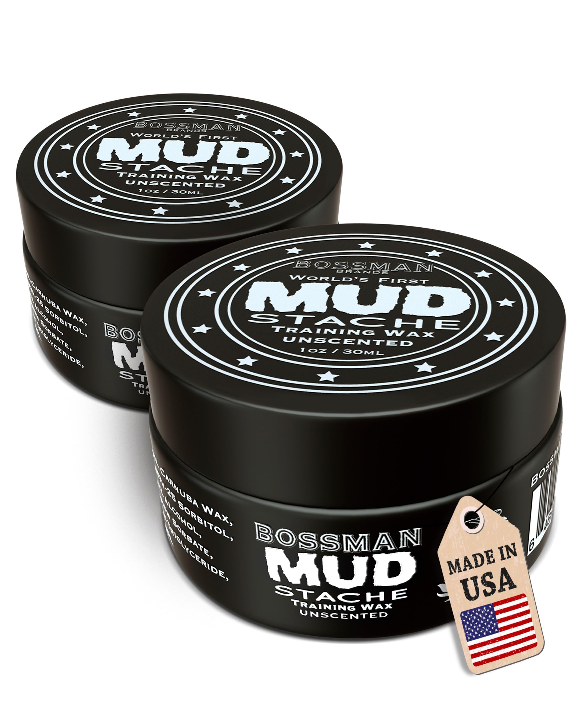 Bossman MUDstache wax jar close-up showing strong, scent-free hold