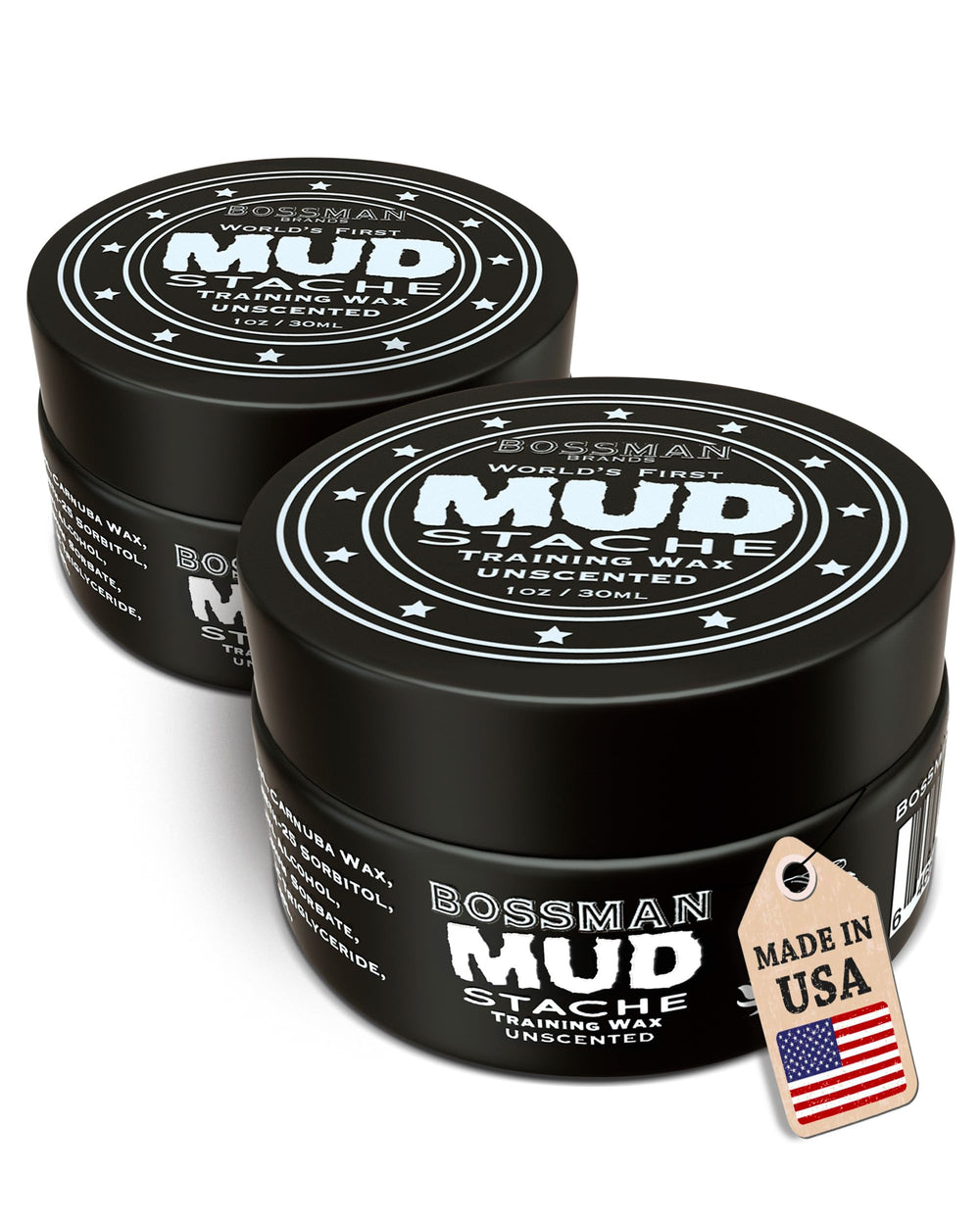 Bossman MUDstache wax jar close-up showing strong, scent-free hold