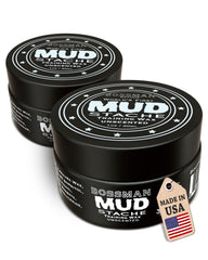 Bossman MUDstache wax jar close-up showing strong, scent-free hold