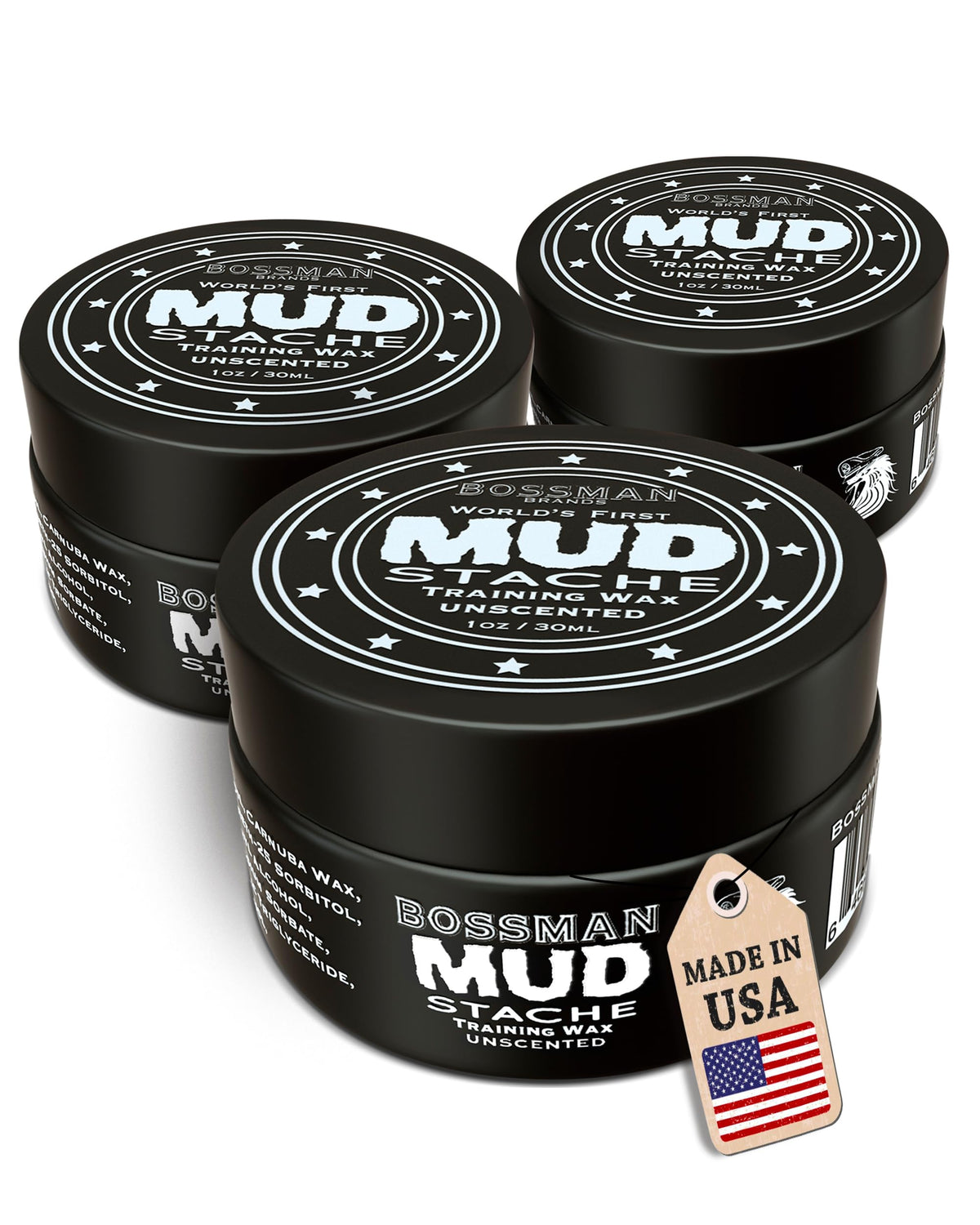 Bossman MUDstache unscented wax jar for clean, odor-free styling.