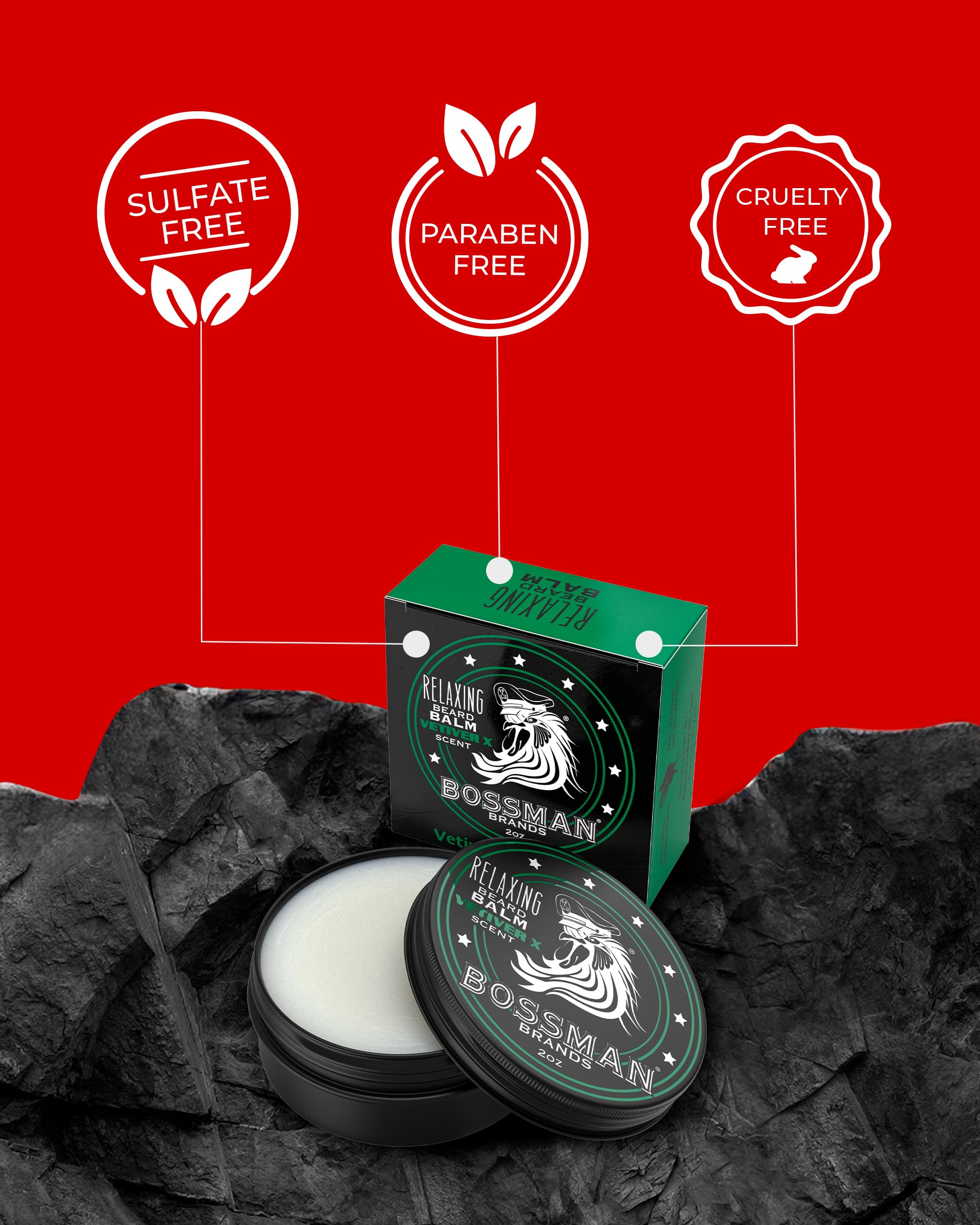 Bossman Relaxing Beard Balm in hand, applying to beard for taming frizz.