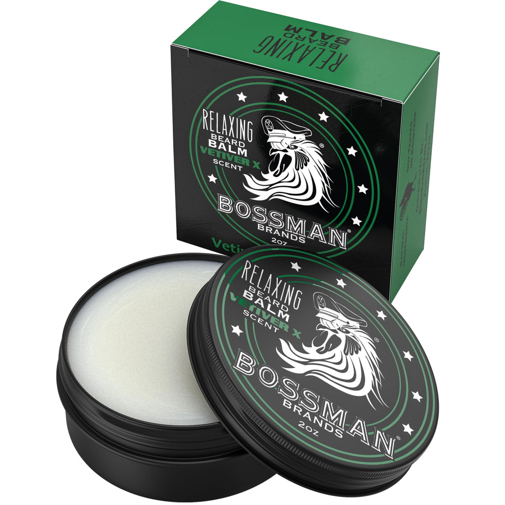 Bossman Relaxing Beard Balm jar close-up showing smooth, nourished beard-ready texture.