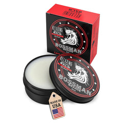 Bossman Relaxing Beard Balm jar closeup showing nourishing formula for thicker, healthier beard