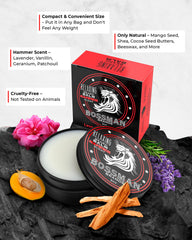 Bossman Relaxing Beard Balm packaging front highlighting USA-made quality and hammer scent