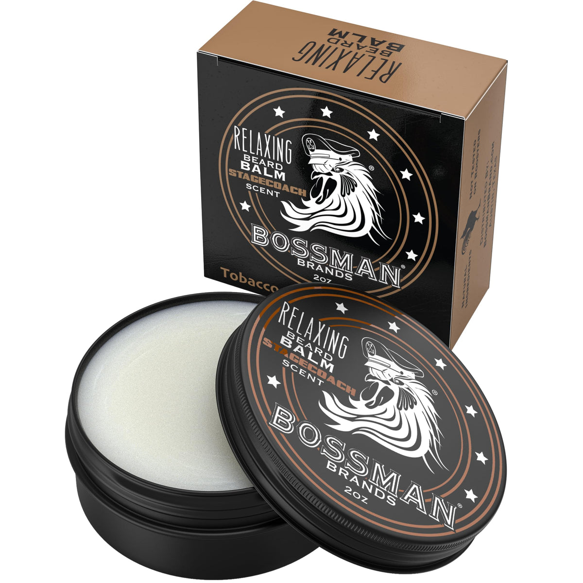 Bossman Relaxing Beard Balm bottle pour reveals Stagecoach scent for smooth grooming