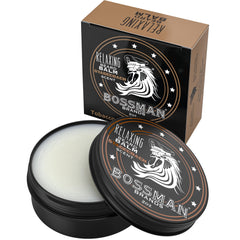 Bossman Relaxing Beard Balm bottle pour reveals Stagecoach scent for smooth grooming
