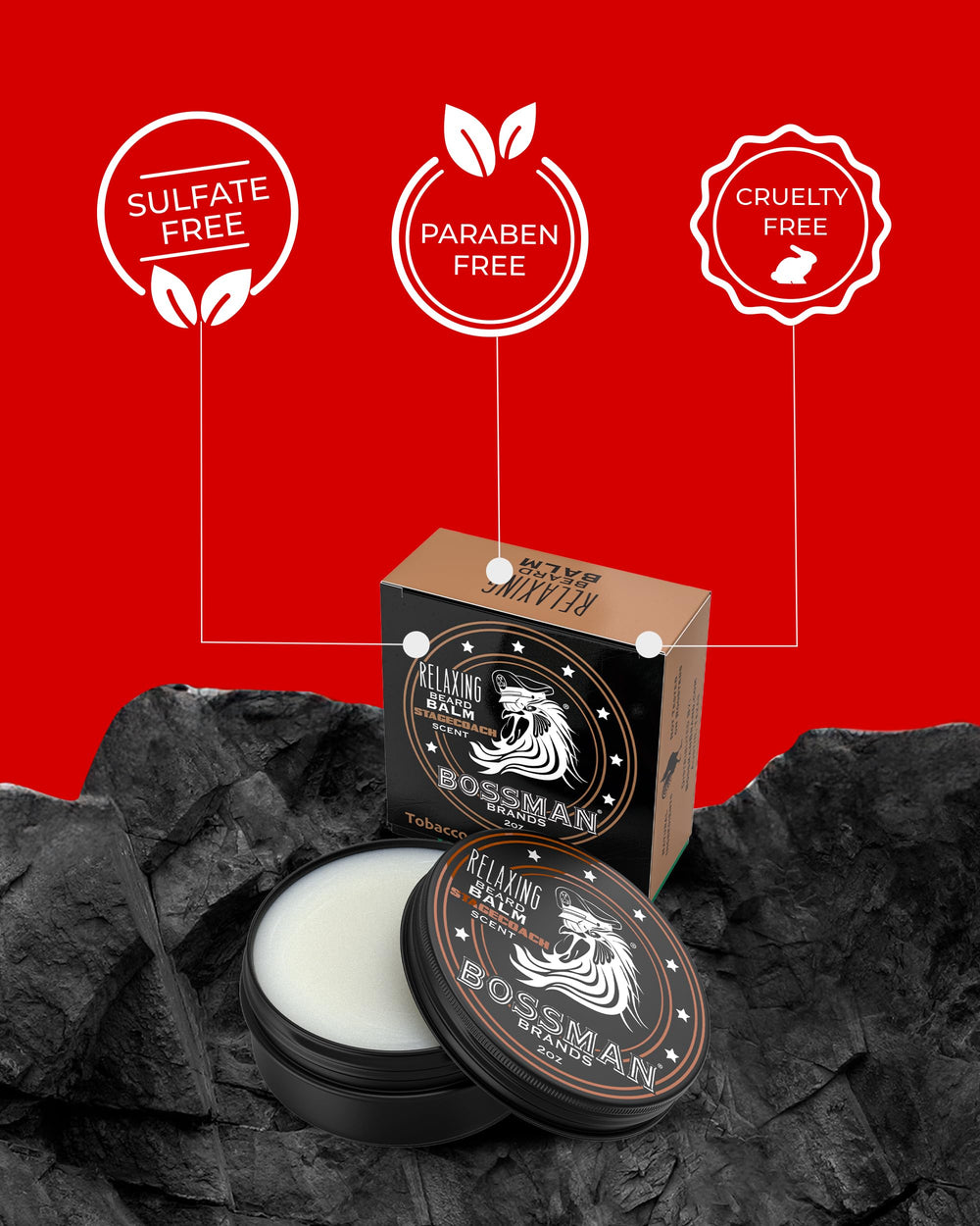 Bossman Relaxing Beard Balm packaging box emphasizes USA-made and Stagecoach branding