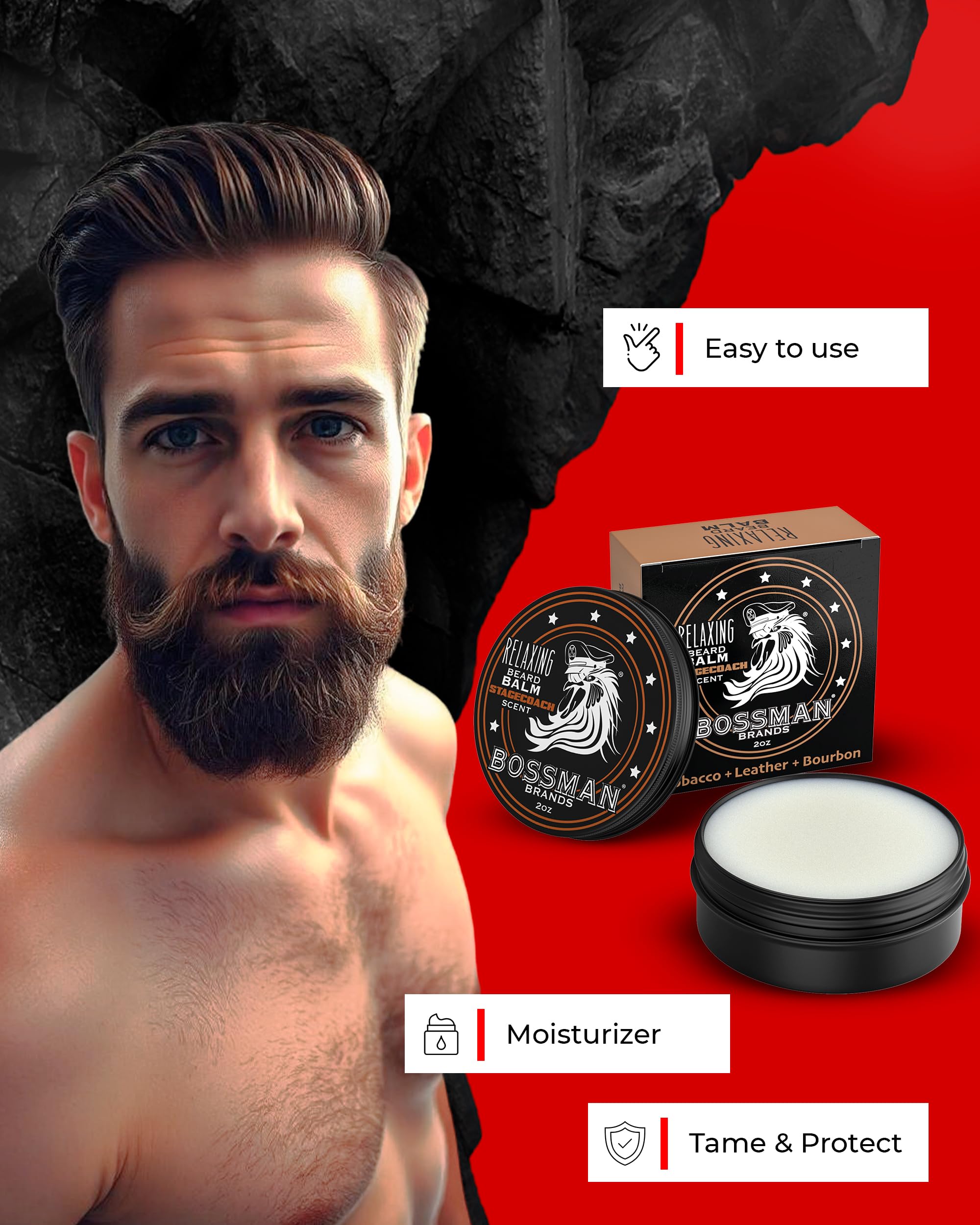Bossman Relaxing Beard Balm texture in hands shows even, soft beard coverage