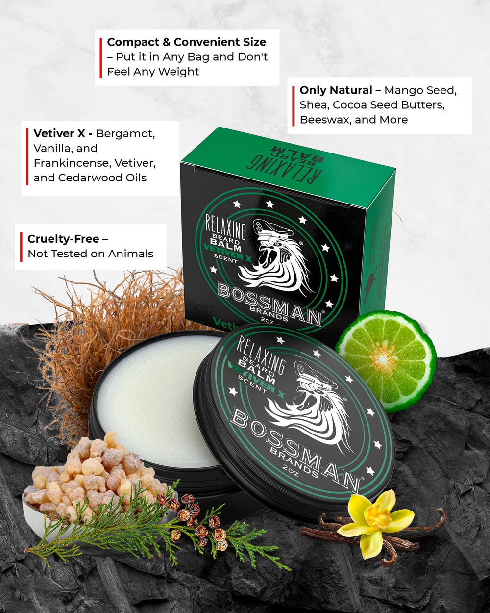 Bossman Relaxing Beard Balm tub during application—easy to spread and style.