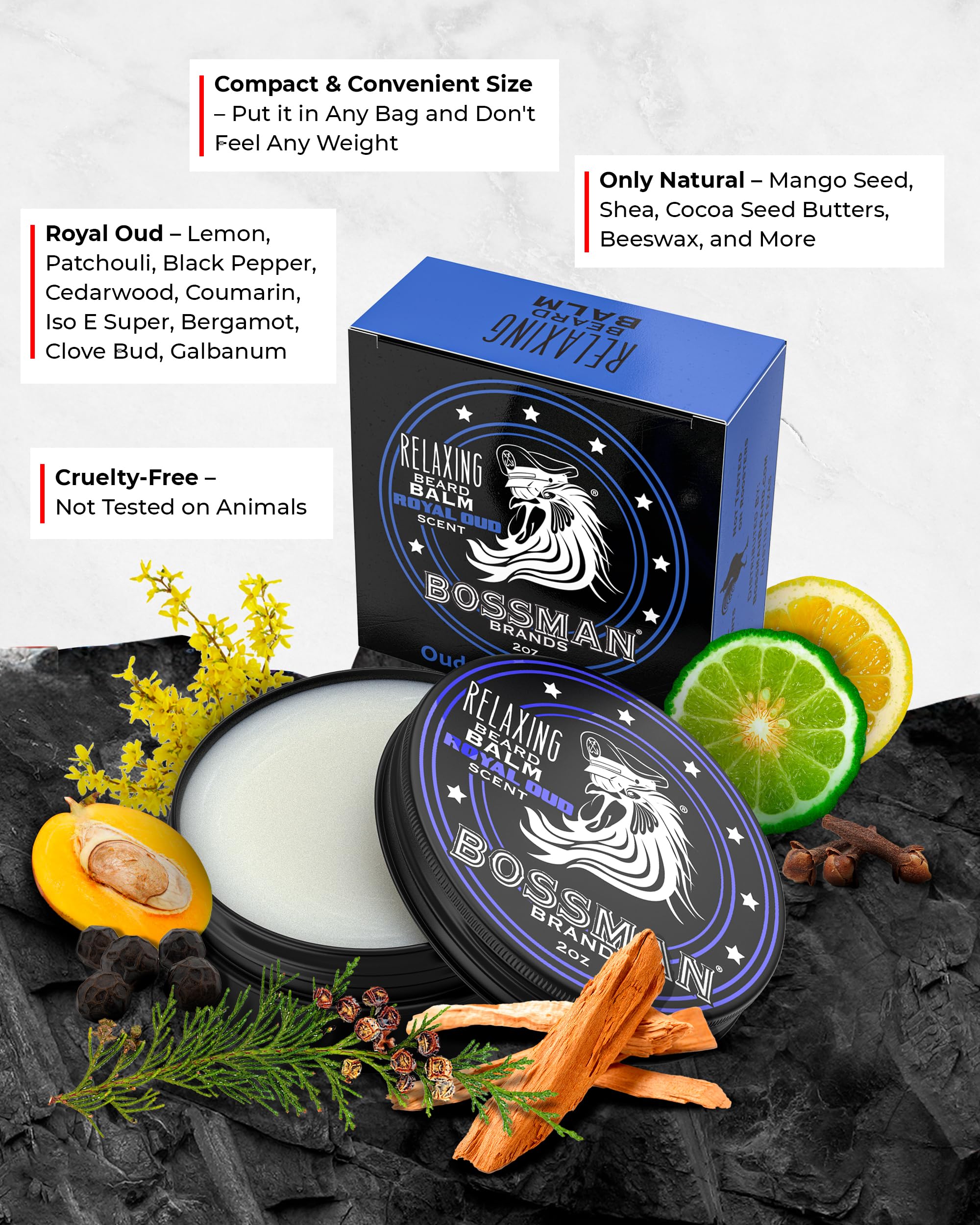 Bossman Royal Oud beard balm jar for moisture and control.