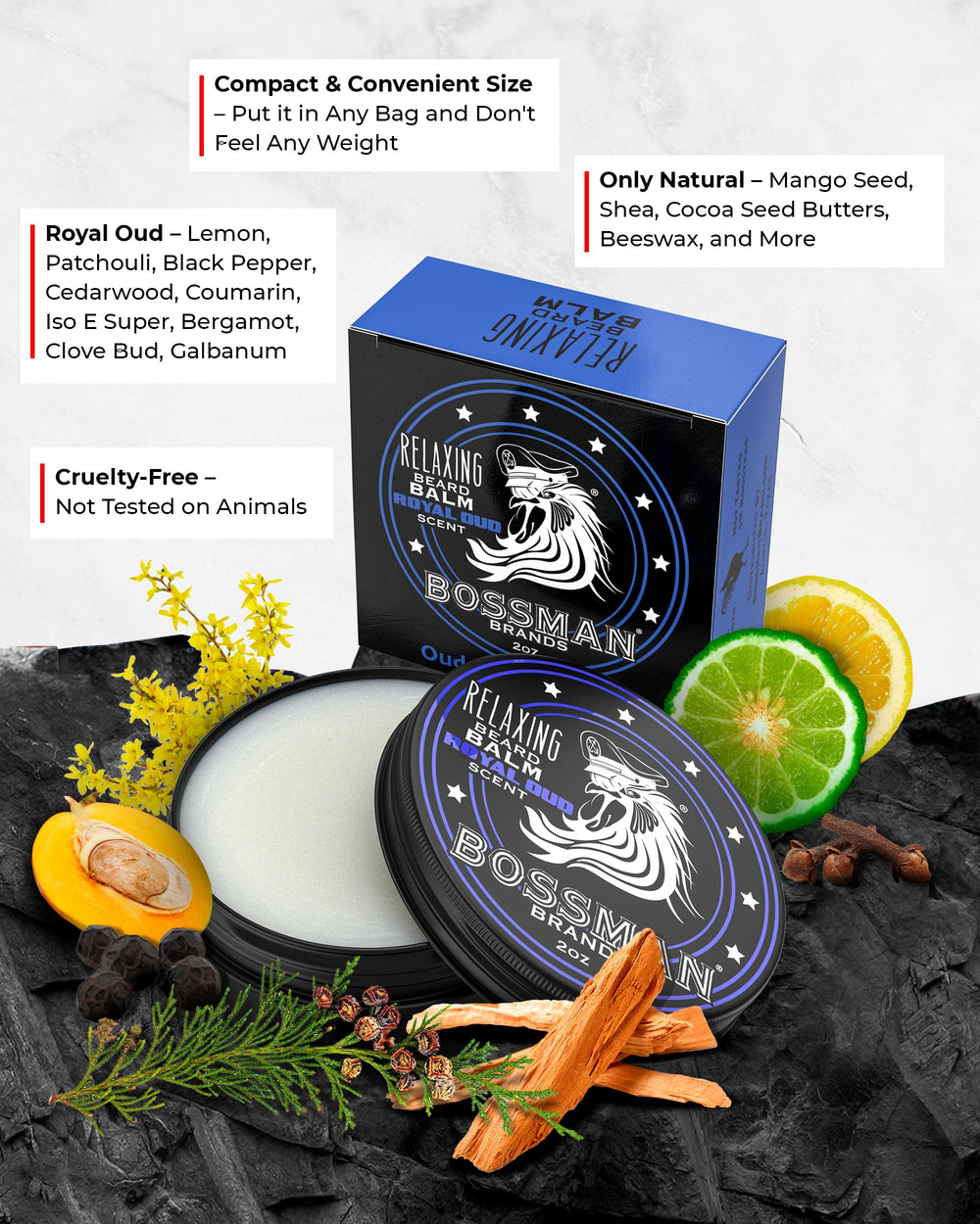 Bossman Royal Oud beard balm jar for moisture and control.