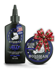 Bossman Royal Oud jelly beard oil bottle promotes thicker, healthier facial hair.