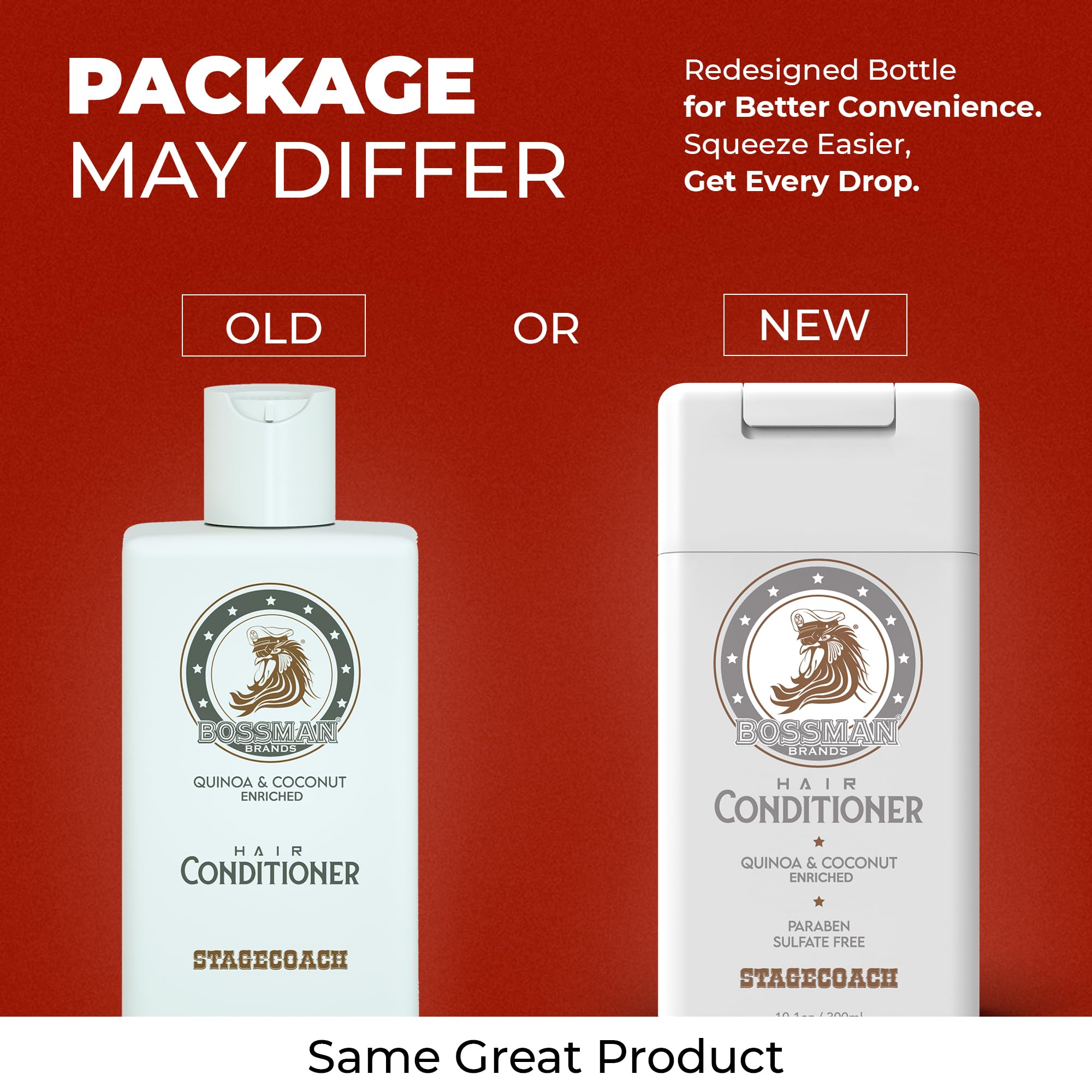 Bossman Stagecoach shampoo label closeup emphasizes paraben- and sulfate-free care.