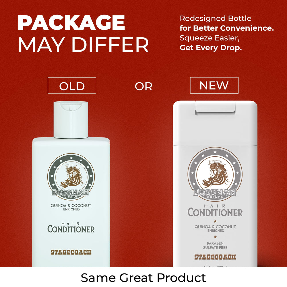Bossman Stagecoach shampoo label closeup emphasizes paraben- and sulfate-free care.