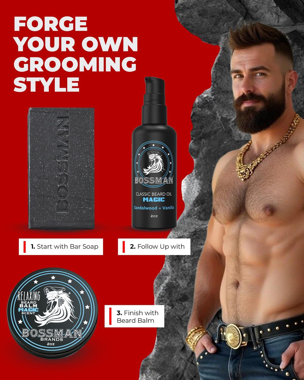 Bossman organic soap bar shown, cleanses face, hair, and skin naturally.