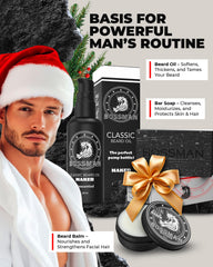 Bossman beard balm tin displayed, tames frizz and soften facial hair.