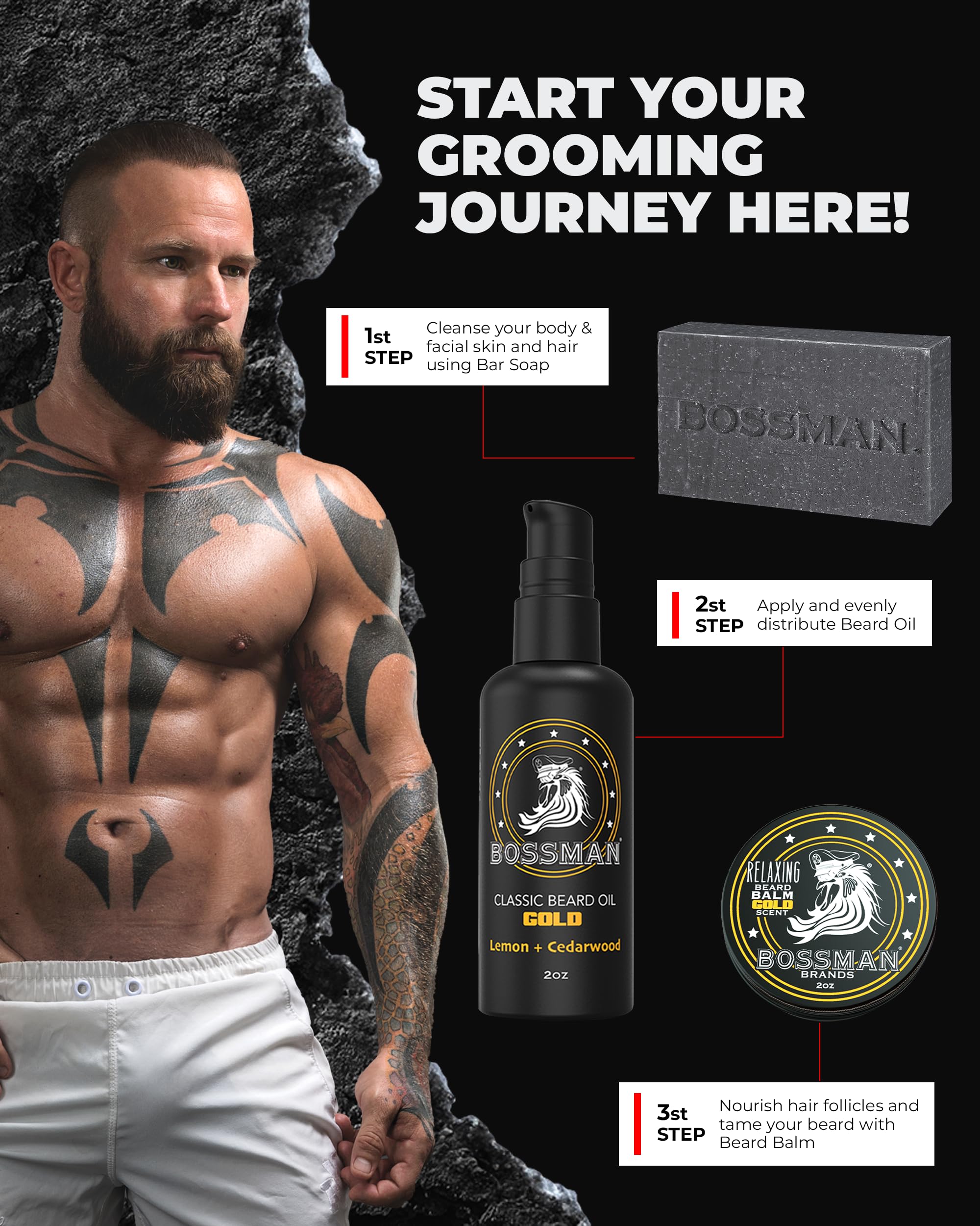 Bossman Starter Kit box opened to show three grooming essentials.