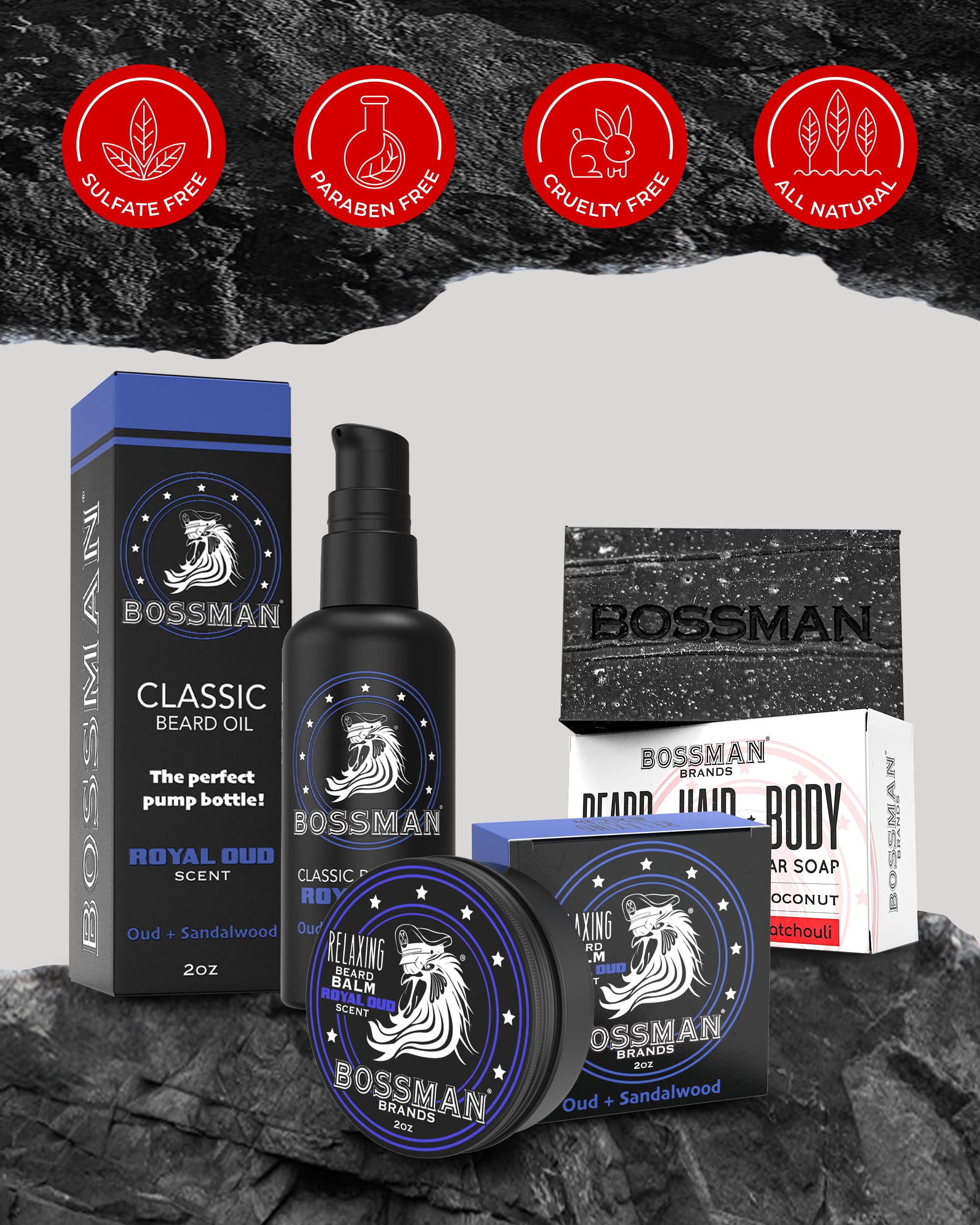 Bossman gift box packaging showcases premium USA-made grooming kit.