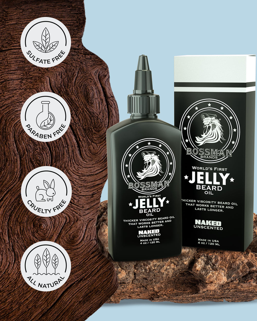 USA-made Bossman beard oil in a 4 oz bottle supports lasting care.