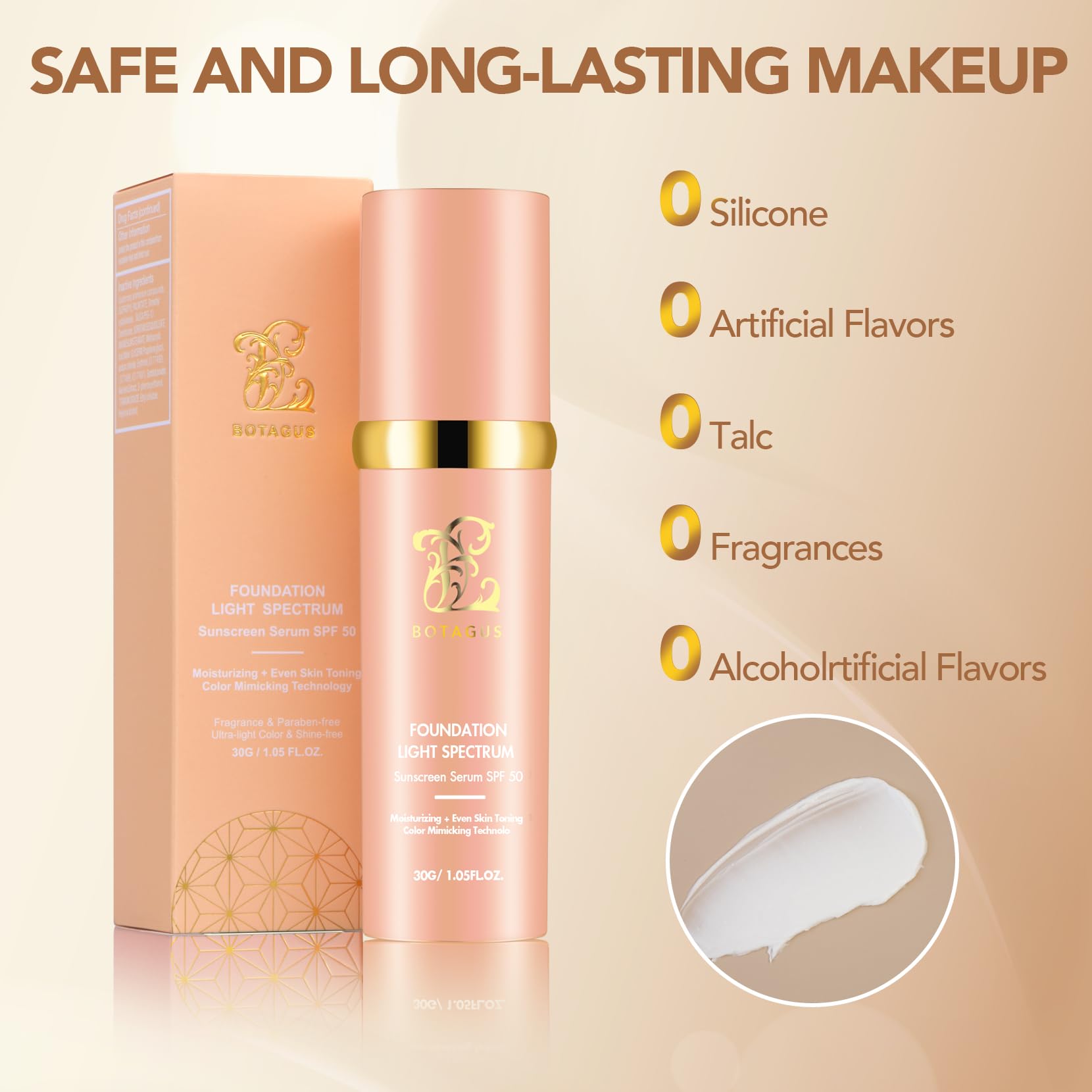 Botagus Match Foundation SPF 50+ label highlights sun protection