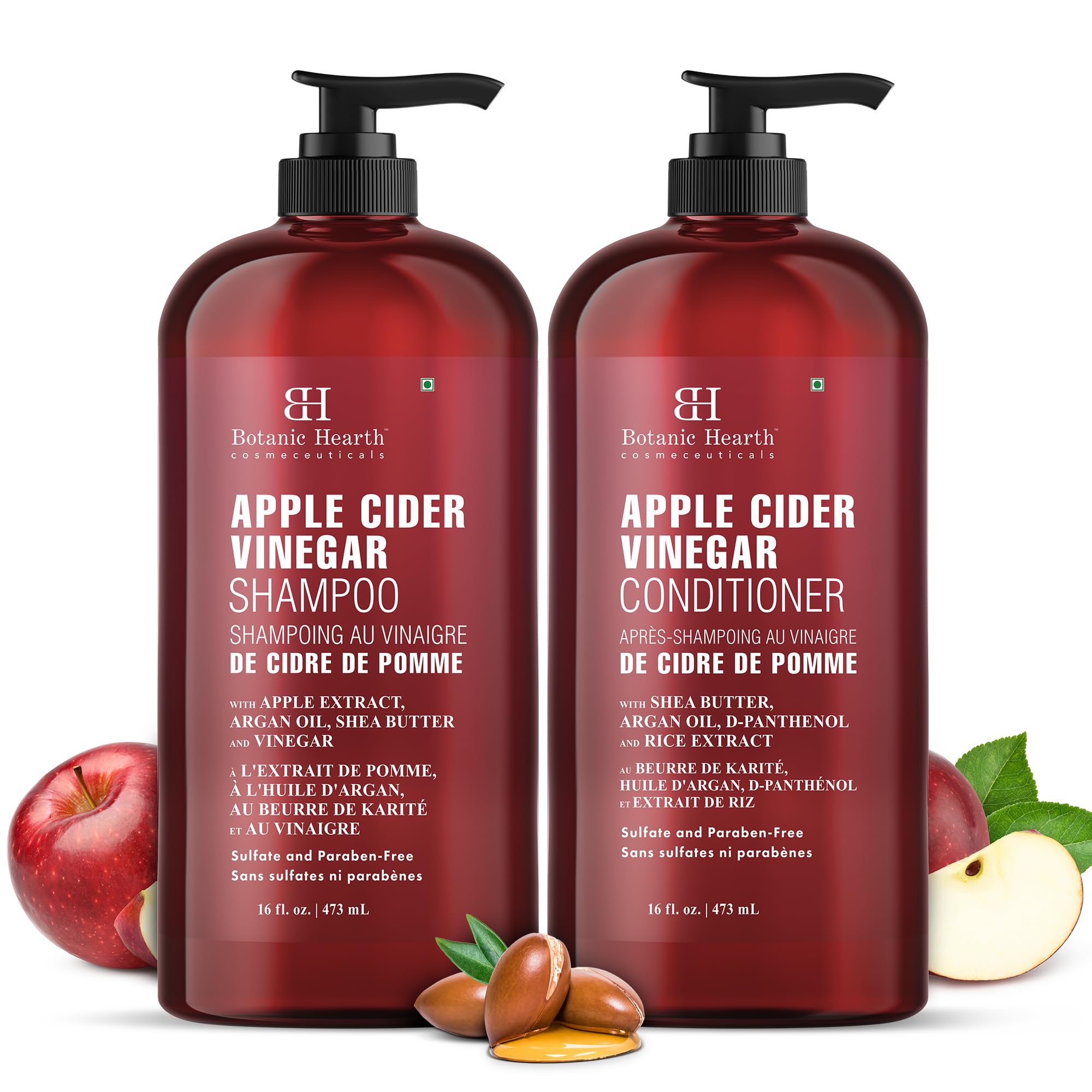 Botanic Hearth Apple Cider Vinegar Shampoo bottle showing clarifying cleanse for all hair types.