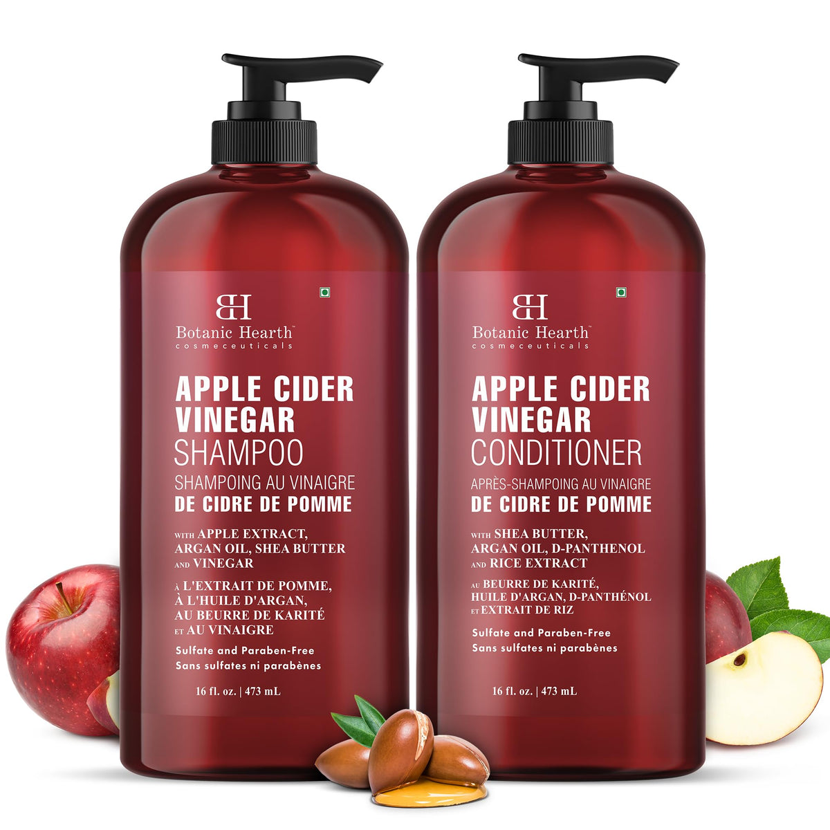 Botanic Hearth Apple Cider Vinegar Shampoo bottle showing clarifying cleanse for all hair types.