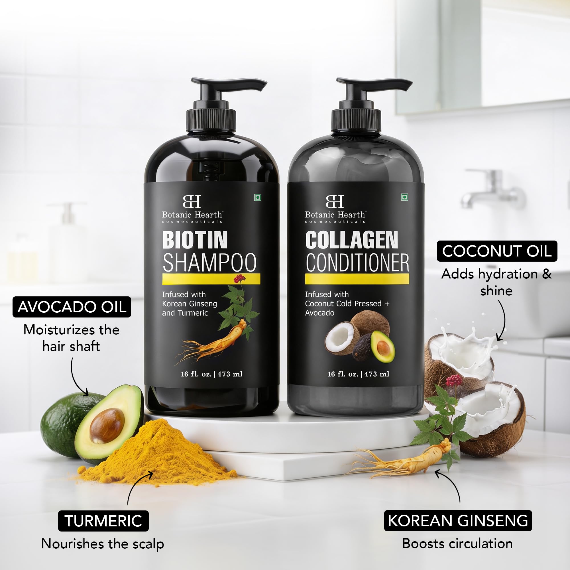 Botanic Hearth shampoo and conditioner set on shelf for everyday use