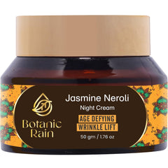 Botanic Rain Night Moisturizer jar on a vanity, rich overnight hydration for aging skin.