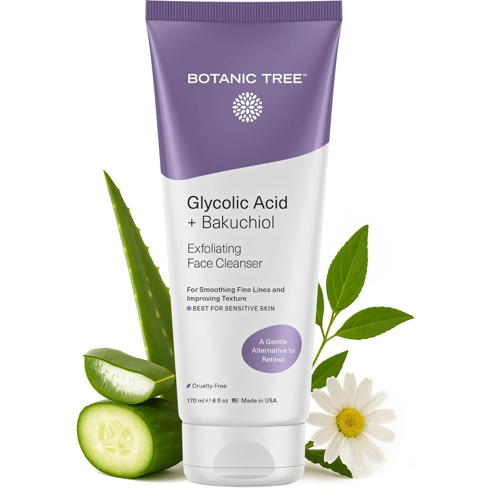 Botanic Tree Bakuchiol Glycolic Face Wash bottle close-up highlighting gentle exfoliation for sensitive skin.