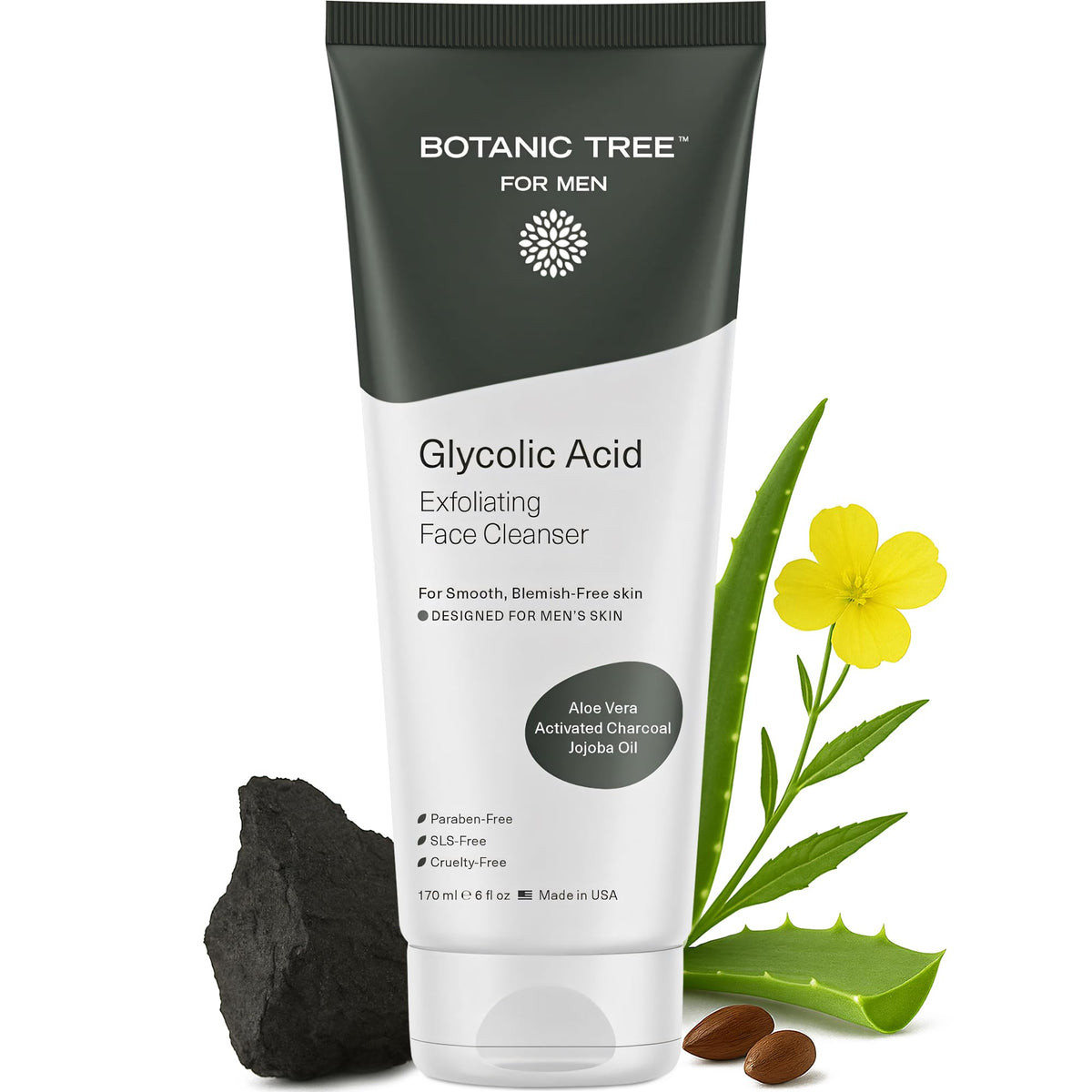 Botanic Tree Glycolic Acid Face Wash bottle shows cleansing action for daily use.