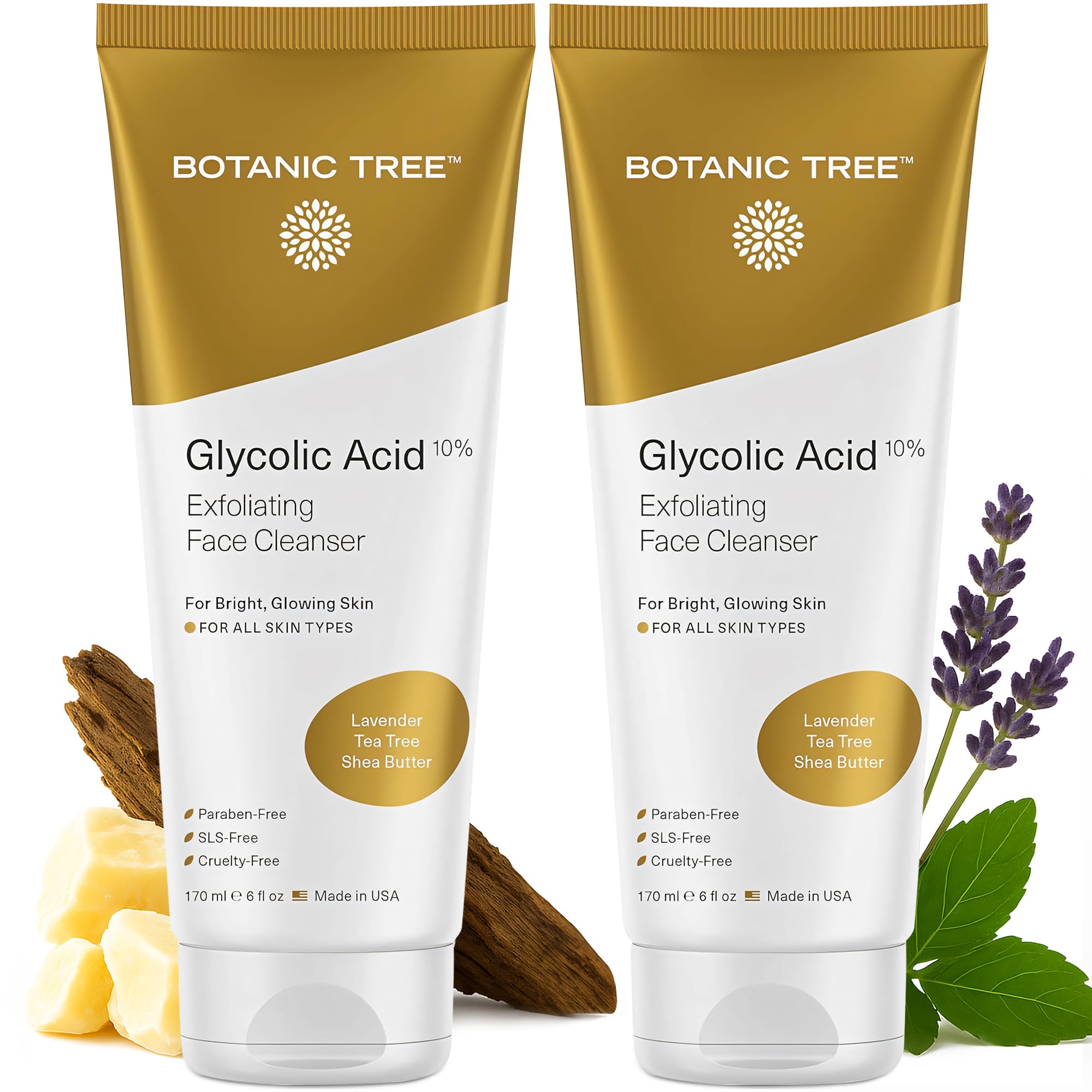 Botanic Tree Glycolic Face Wash bottle front, gentle cleansing for clearer skin.