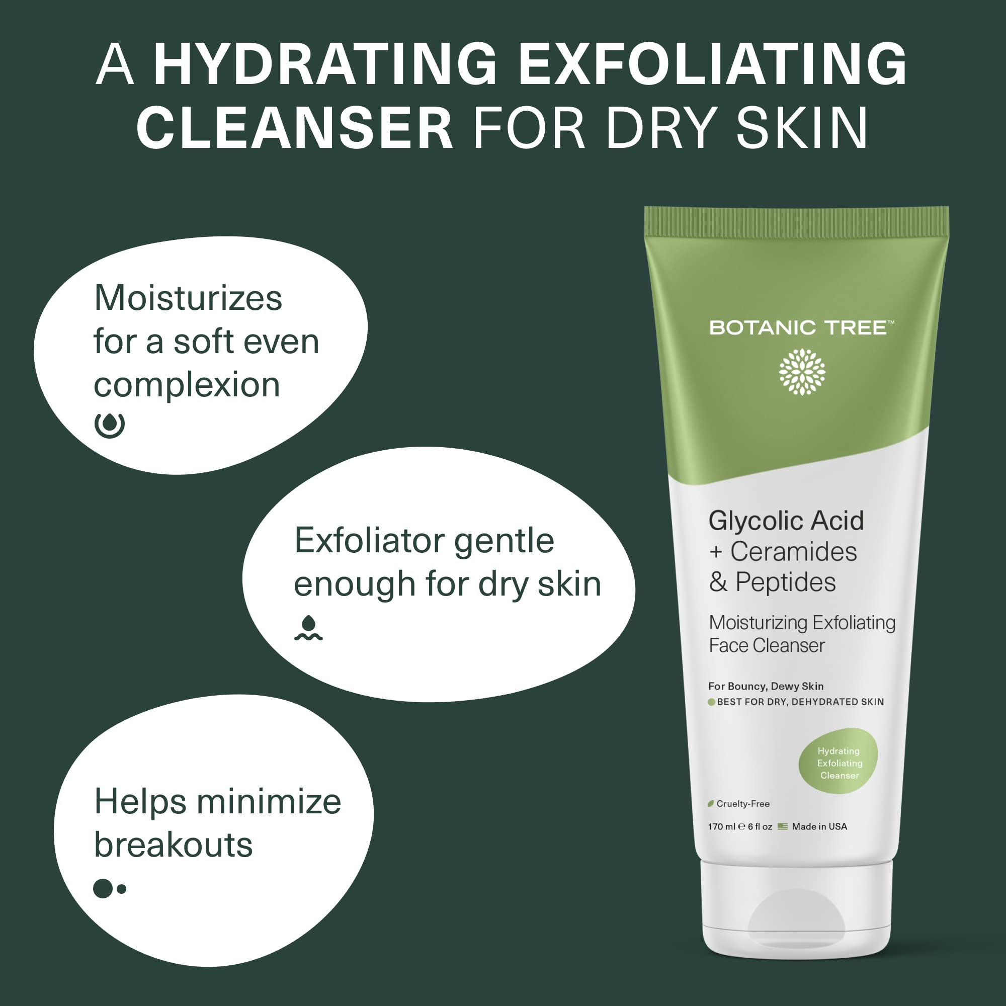 Botanic Tree cleanser close-up showing rich lather for gentle exfoliation.
