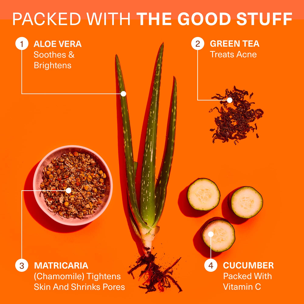 Ingredients scene highlighting cucumber, green tea, aloe vera for soothing hydration