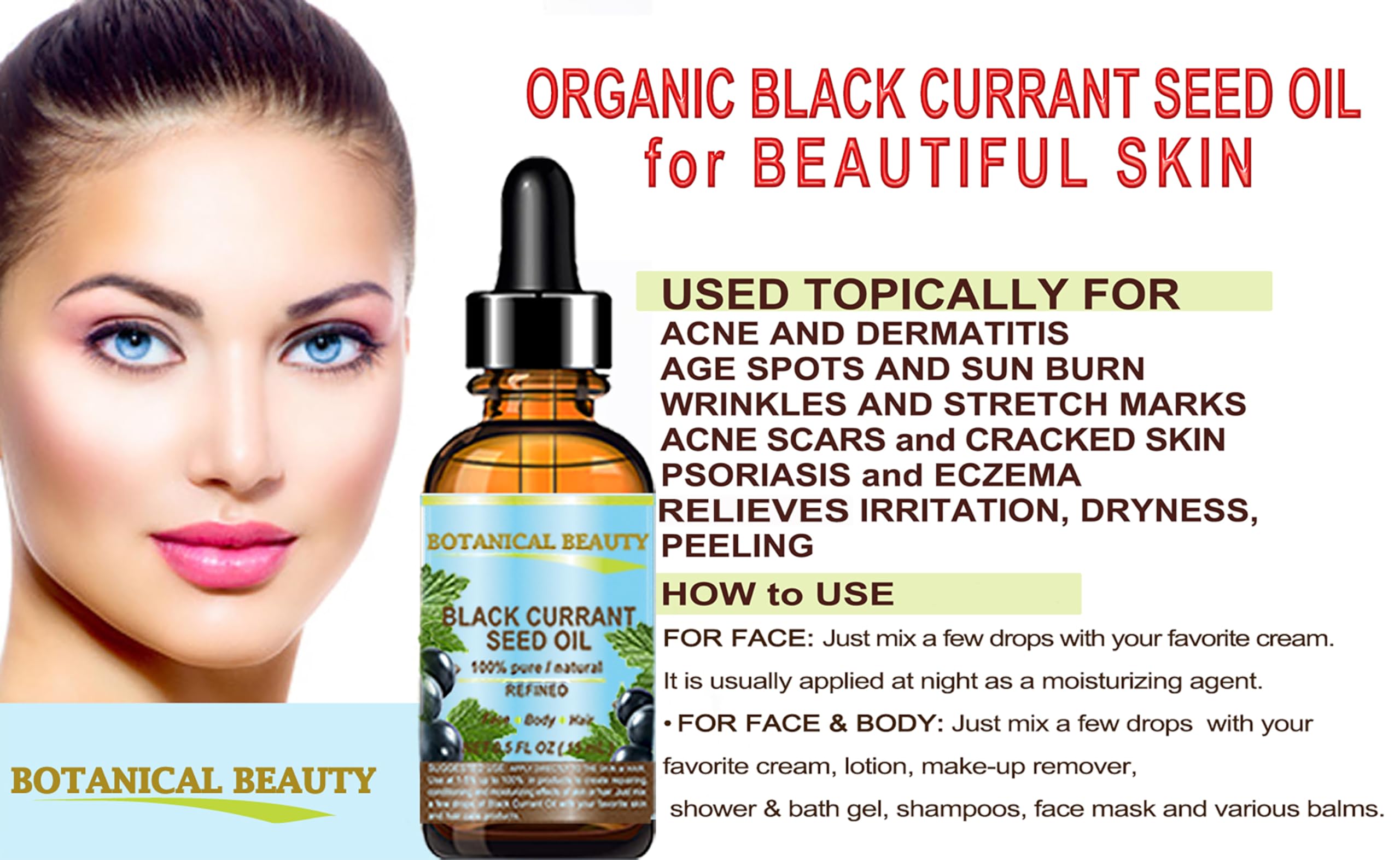 Amber glass jar of Botanical Beauty Black Currant Seed Oil for versatile use.