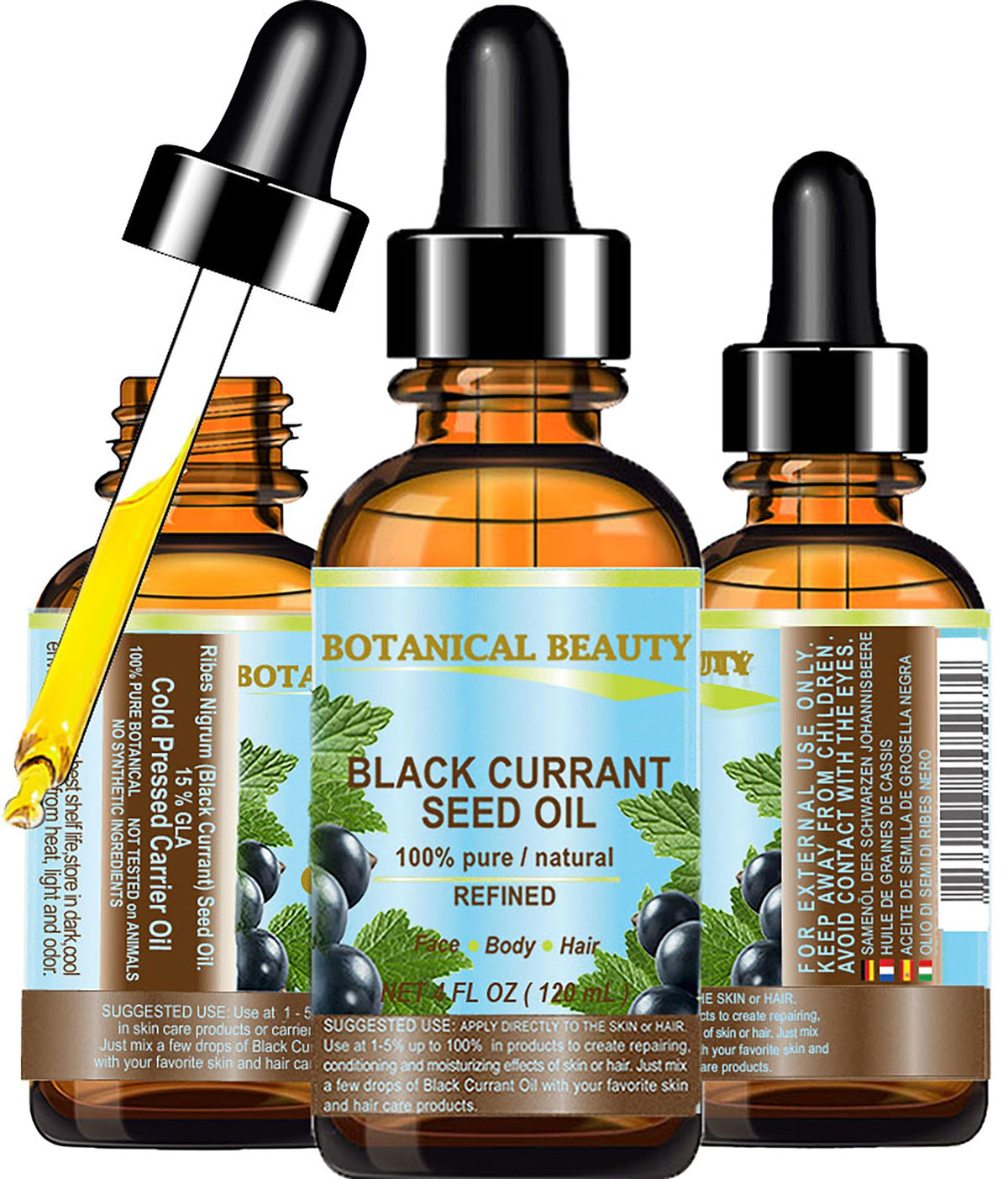 Botanical Beauty Black Currant Seed Oil bottle for skin hydration and glow.