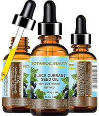 Botanical Beauty Black Currant Seed Oil bottle highlighting natural skin care benefits