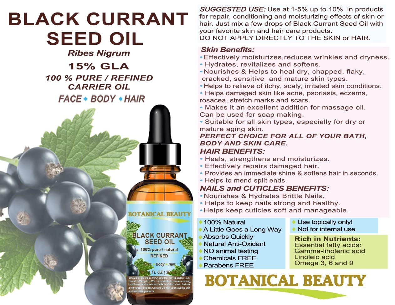 Botanical Beauty Black Currant Seed Oil applied to hair for shine