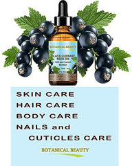 Close-up of Botanical Beauty Black Currant Seed Oil label showing natural GLA content.