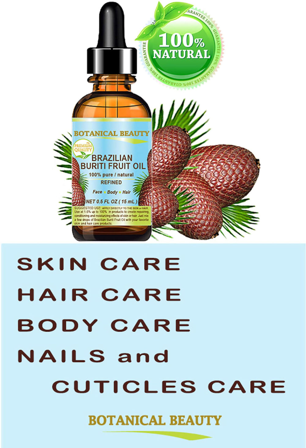 Botanical Beauty Buriti Oil amber bottle highlighting golden color and premium hydration