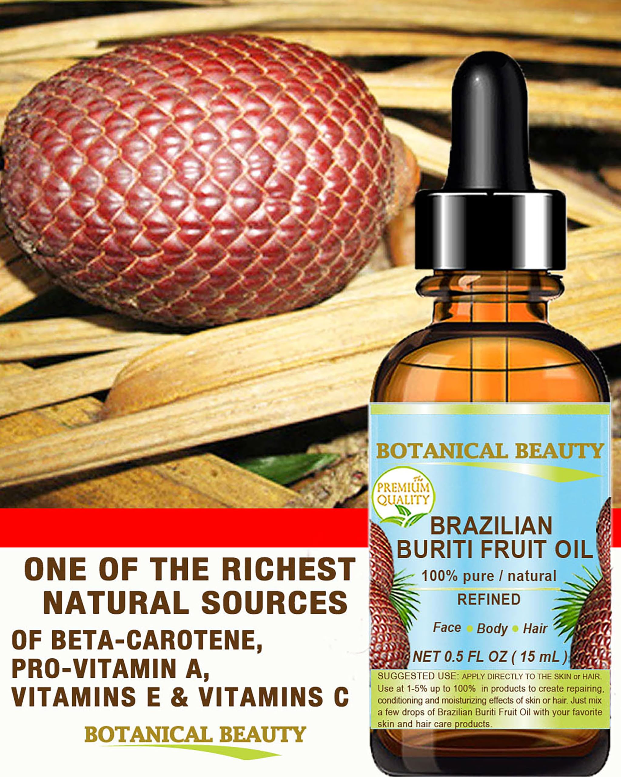 Botanical Beauty Buriti Oil beta-carotene illustration highlights nutrients