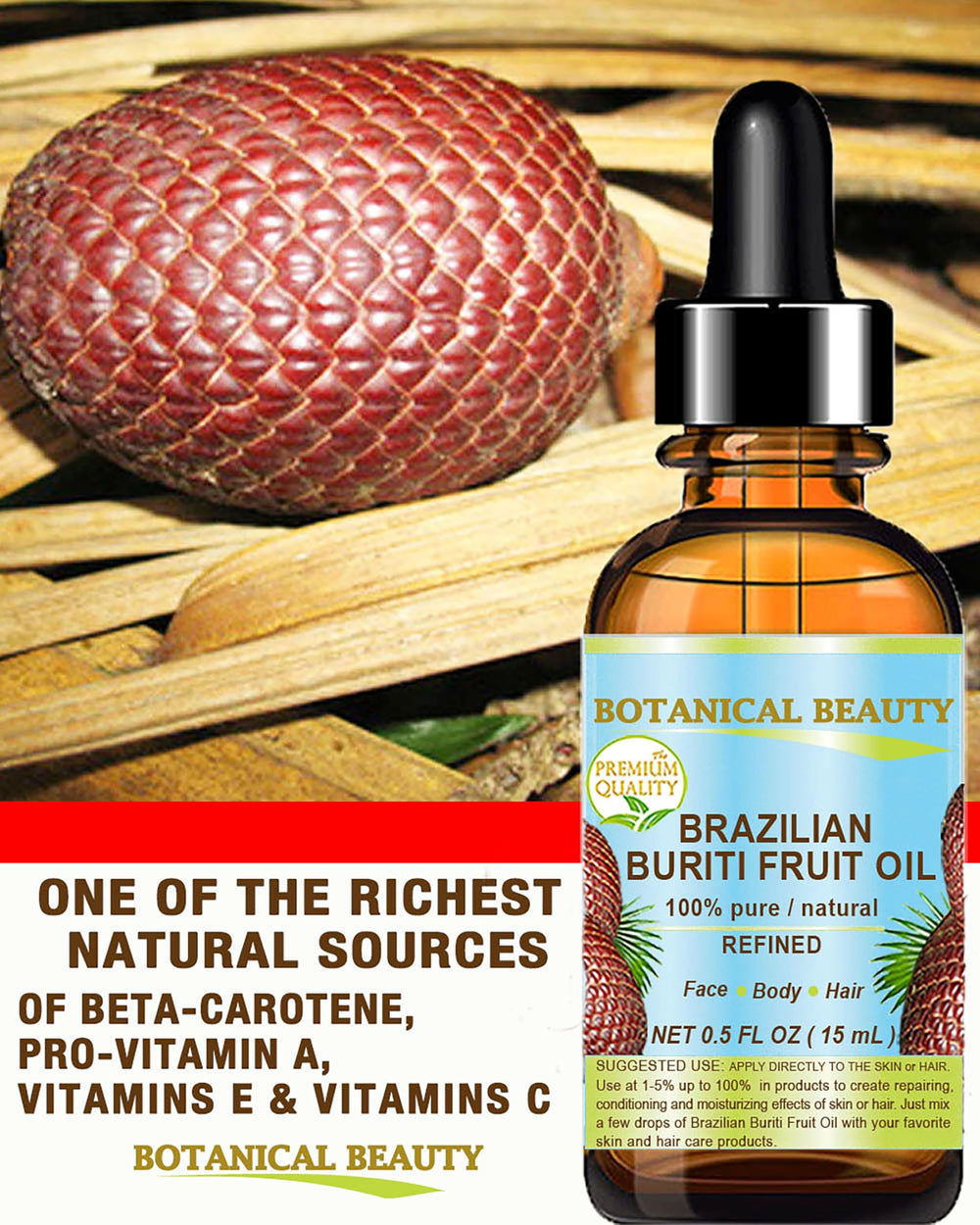 Botanical Beauty Buriti Oil beta-carotene illustration highlights nutrients