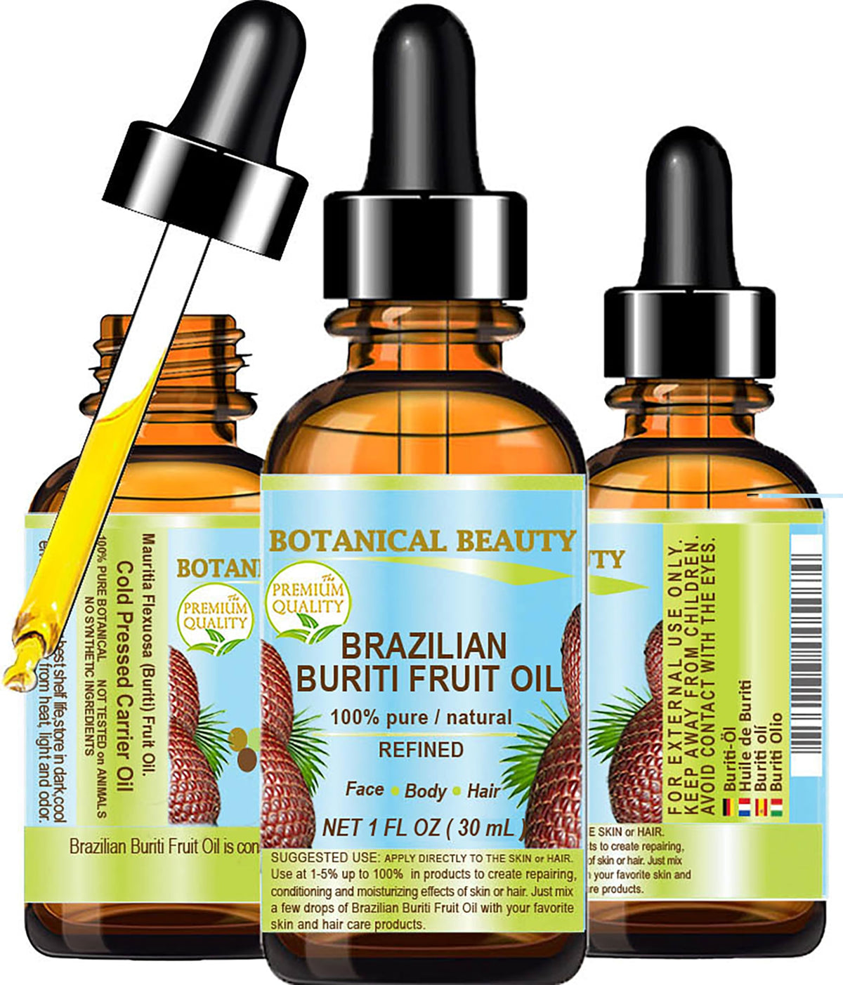 Botanical Beauty Buriti Oil bottle cap closeup shows beta-carotene for skin nourishment