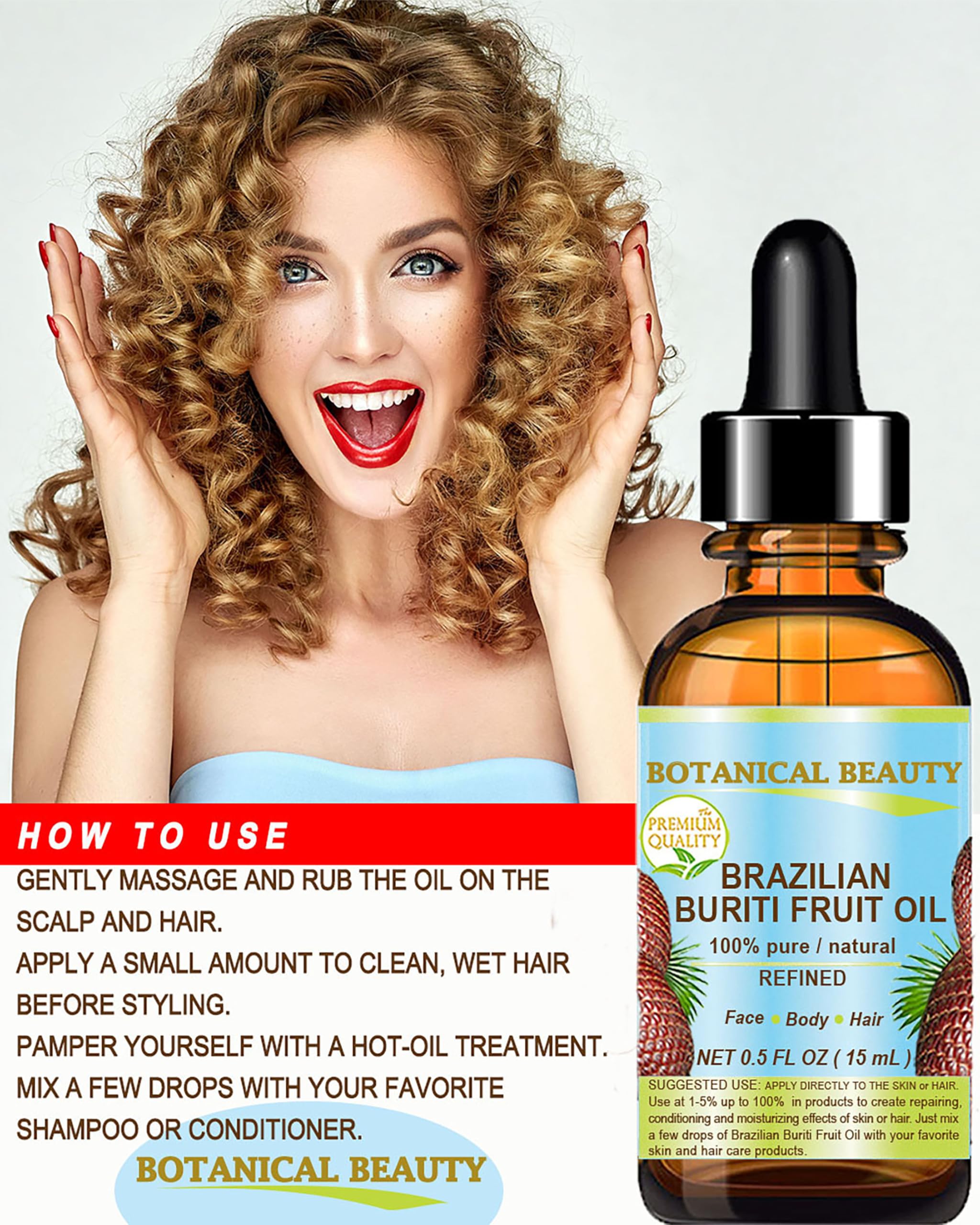 Botanical Beauty Buriti Oil on hair provides shine and frizz control