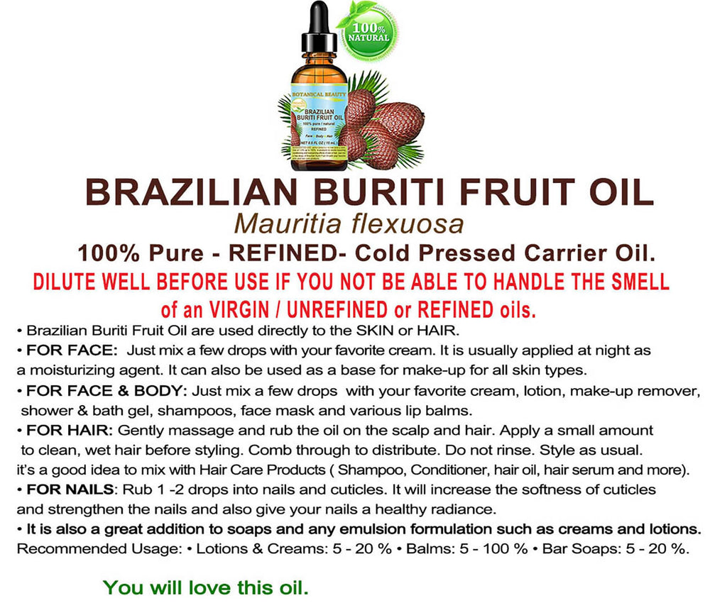 Botanical Beauty Buriti Oil packaging and label emphasizes purity and origin