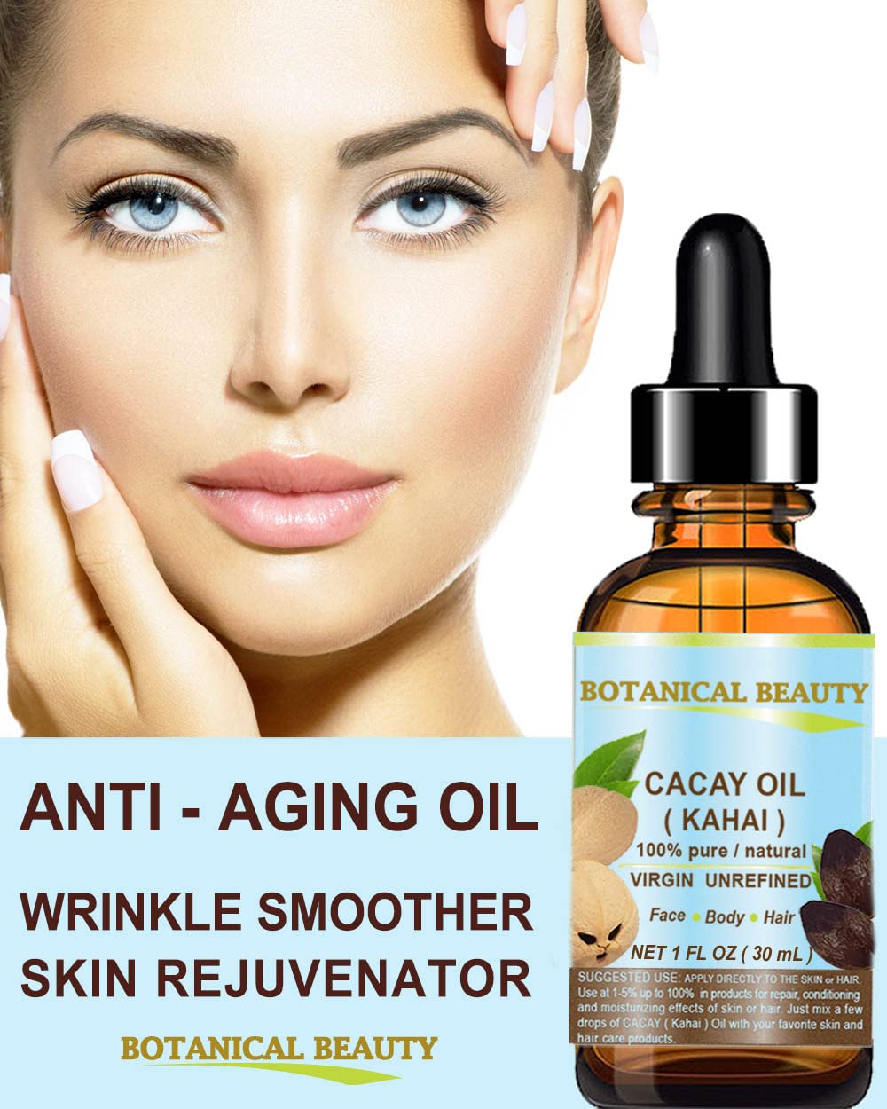 Amber bottle of Botanical Beauty CACAY oil on shelf for skincare use.