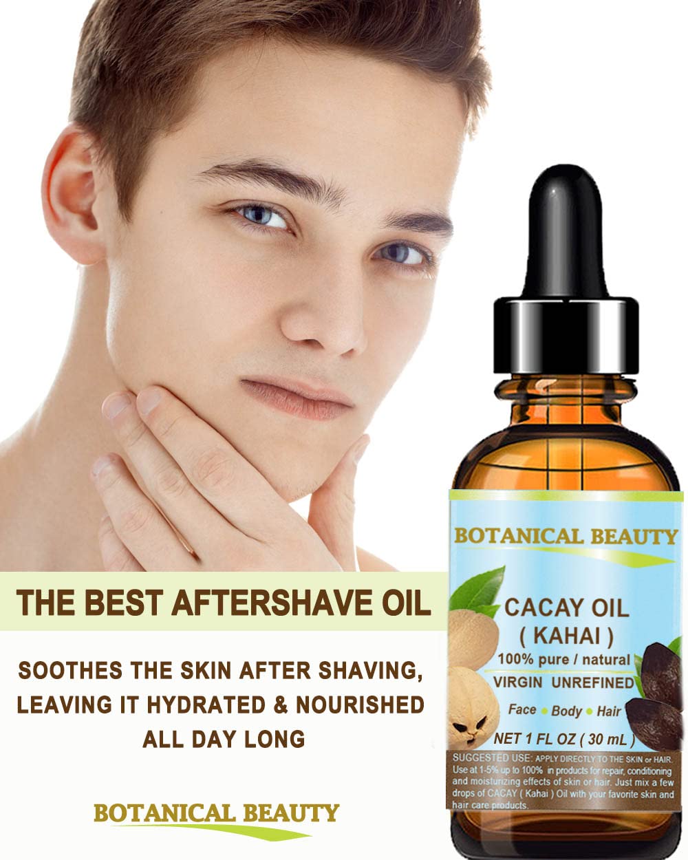 Botanical Beauty CACAY oil on the face, lightweight and non-greasy.